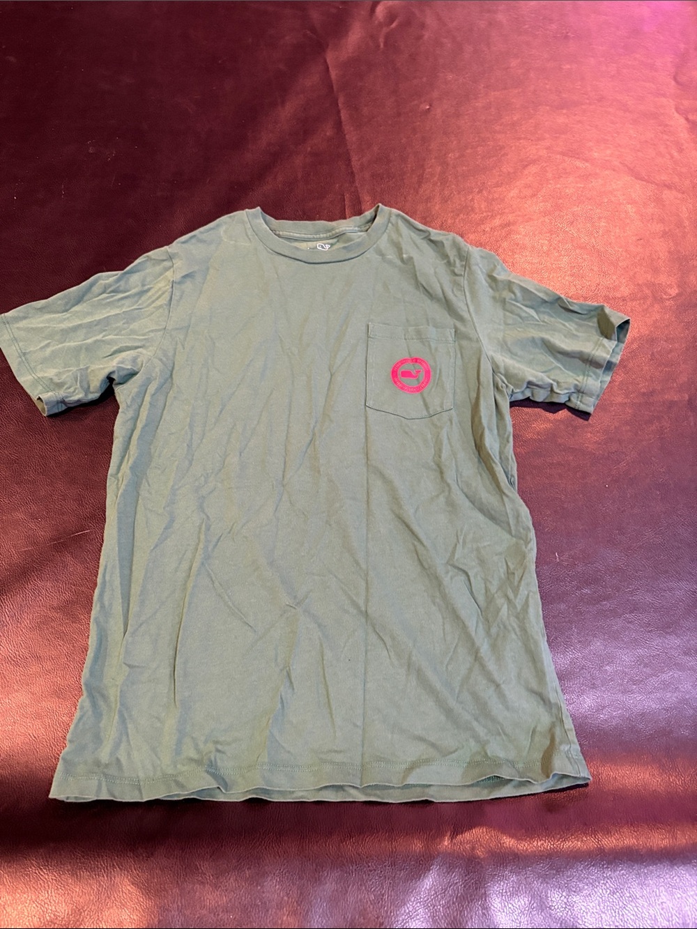 Vineyard Vines Olive Green Short Sleeve Pocket Tee with Pink Whale Logo